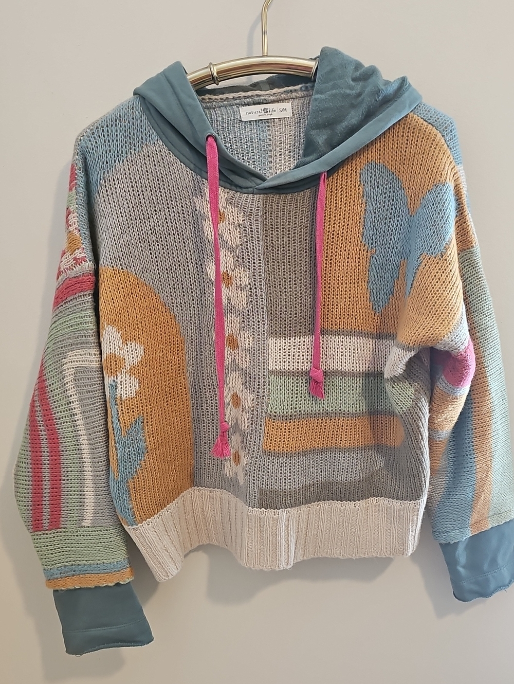 Natural Life Colorblock Butterfly Boxy  Hooded Sweater - Multicolor